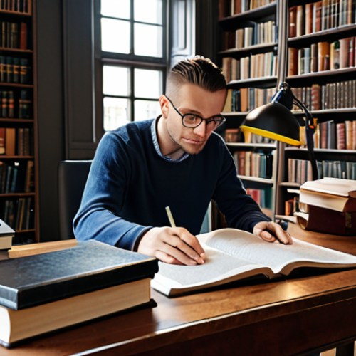 Home 23 **A translator meticulously researching terminology, surrounded by books and online resources, highlighting the importance of accuracy. Focus on a well-lit, professional workspace.**