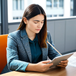 A professional female translator, fully clothed in a modest business casual outfit, sits thoughtfully at a modern wooden desk in a bright, contemporary office. She holds a tablet displaying a text, with subtle visual elements around her representing various global cultures and abstract linguistic patterns, emphasizing deep concentration and cultural sensitivity. Her posture is natural, and her hands are well-formed, showcasing perfect anatomy and correct proportions. The lighting is soft and inviting. Professional photography, high quality, safe for work, appropriate content, family-friendly.