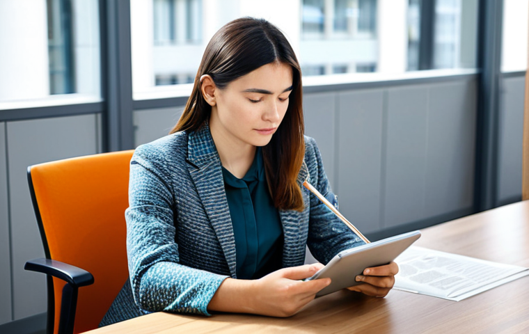 A professional female translator, fully clothed in a modest business casual outfit, sits thoughtfully at a modern wooden desk in a bright, contemporary office. She holds a tablet displaying a text, with subtle visual elements around her representing various global cultures and abstract linguistic patterns, emphasizing deep concentration and cultural sensitivity. Her posture is natural, and her hands are well-formed, showcasing perfect anatomy and correct proportions. The lighting is soft and inviting. Professional photography, high quality, safe for work, appropriate content, family-friendly.