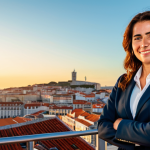**

A confident businesswoman in a *tailleur* (business suit) stands in front of the Lisbon skyline at sunset.  She is fully clothed in appropriate attire, looking directly at the viewer with a slight smile. The colors are warm and inviting, reflecting the golden hour.  Safe for work, appropriate content, professional, perfect anatomy, natural proportions, well-formed hands, proper finger count, professional photography, high quality.

**