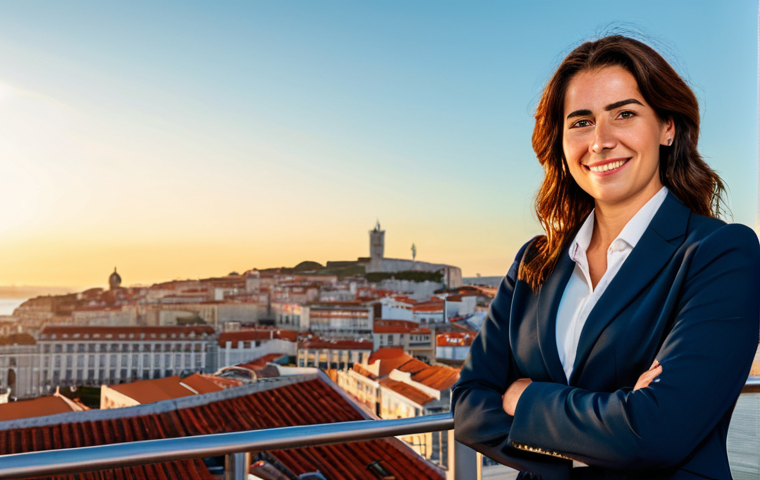 **

A confident businesswoman in a *tailleur* (business suit) stands in front of the Lisbon skyline at sunset.  She is fully clothed in appropriate attire, looking directly at the viewer with a slight smile. The colors are warm and inviting, reflecting the golden hour.  Safe for work, appropriate content, professional, perfect anatomy, natural proportions, well-formed hands, proper finger count, professional photography, high quality.

**