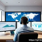 번역사로서의 해외 취업 전략 - A professional translator working remotely at a modern home office, surrounded by multiple computer ...