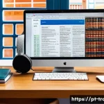 Home 20 번역사를 위한 리서치 방법 - A professional translator’s workspace featuring a sleek modern desk with dual monitors displaying tr...