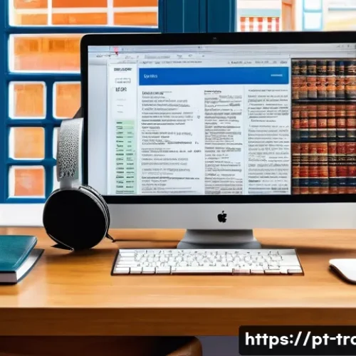 Home 32 번역사를 위한 리서치 방법 - A professional translator’s workspace featuring a sleek modern desk with dual monitors displaying tr...