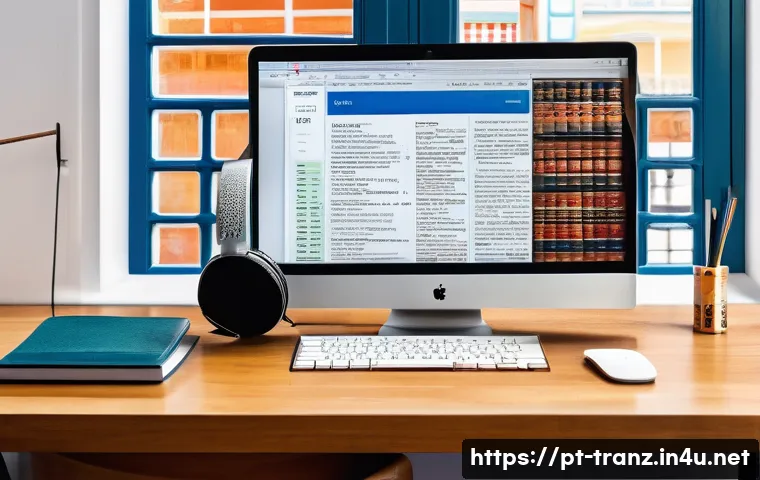 번역사를 위한 리서치 방법 - A professional translator’s workspace featuring a sleek modern desk with dual monitors displaying tr...