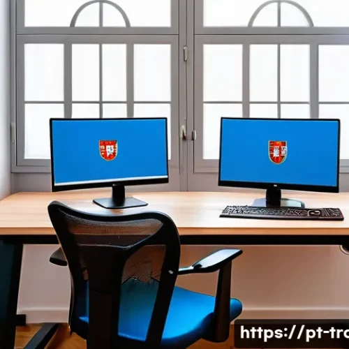 Home 30 번역사의 스킬 업을 위한 툴 - A modern home office setup for a professional Portuguese-speaking translator, featuring a large dual...
