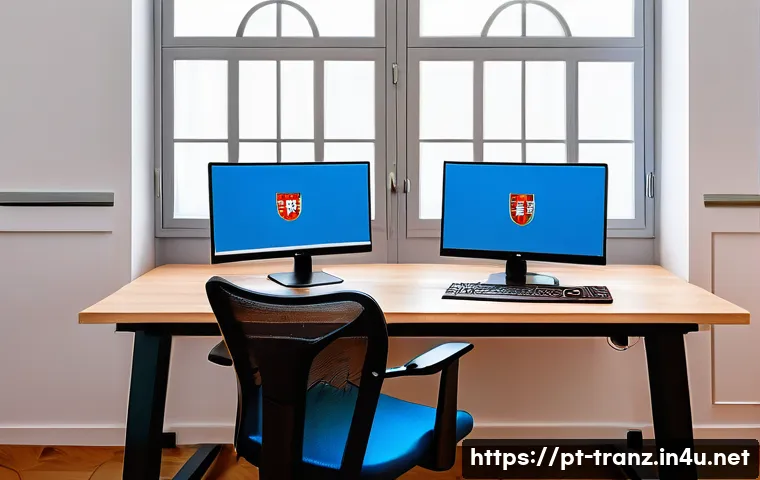 번역사의 스킬 업을 위한 툴 - A modern home office setup for a professional Portuguese-speaking translator, featuring a large dual...